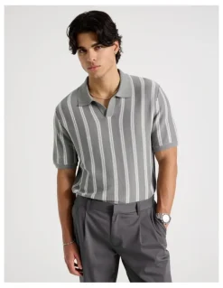 Blaq Textured Stripe Open Collar Polo in Grey