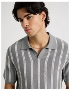 Blaq Textured Stripe Open Collar Polo in Grey