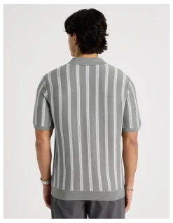 Blaq Textured Stripe Open Collar Polo in Grey
