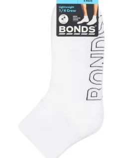Bonds Logo Light weight Quarter Crew Socks 4 Pack in White