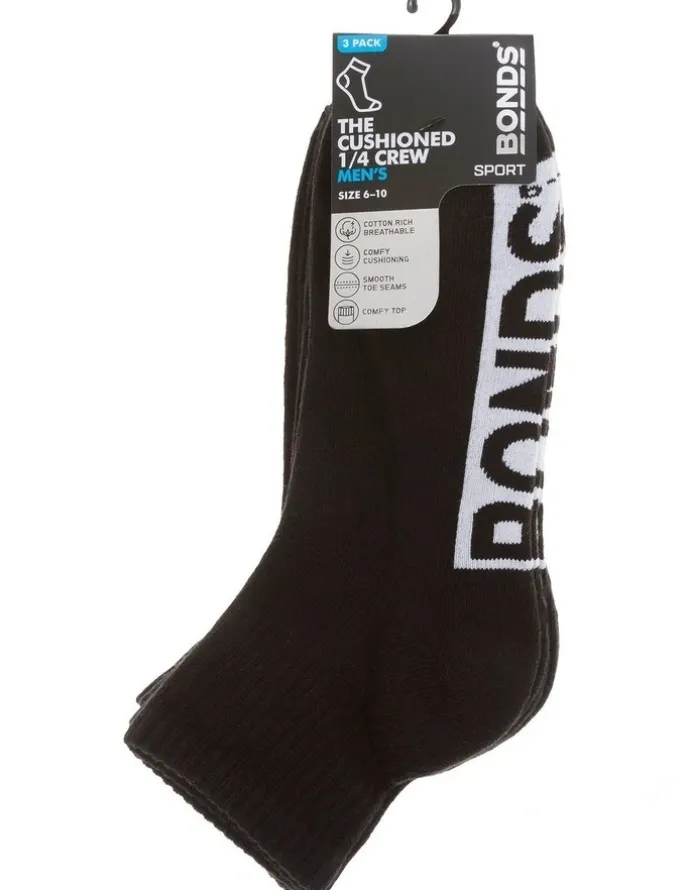 Bonds Logo Quarter Crew Socks 3 Pack in Black