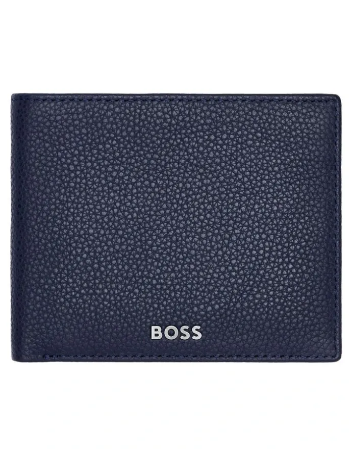 Boss Classic Grained Trifold Leather Wallet in Navy