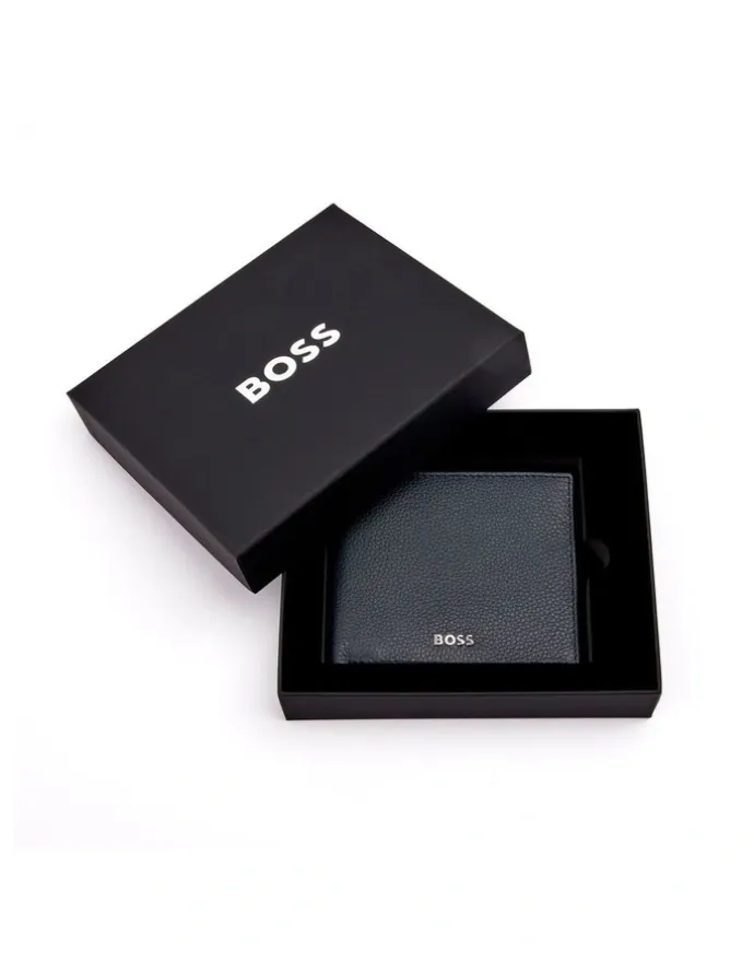 Boss Classic Grained Trifold Leather Wallet in Navy