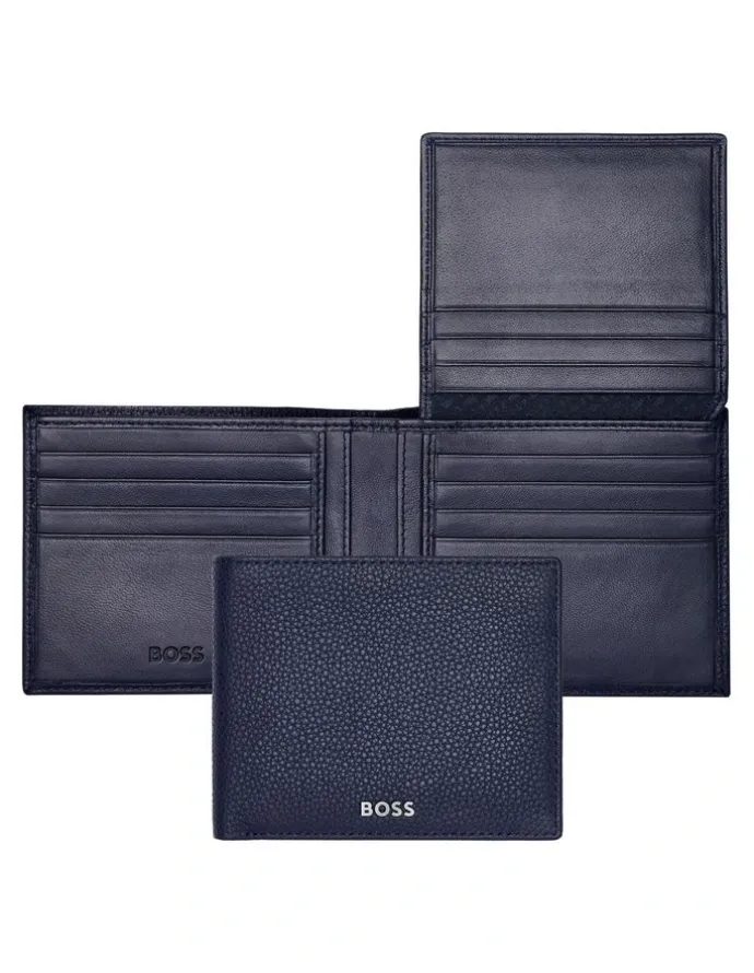 Boss Classic Grained Trifold Leather Wallet in Navy