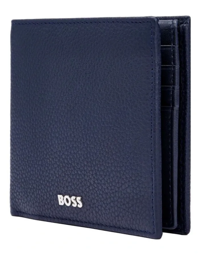 Boss Classic Grained Trifold Leather Wallet in Navy