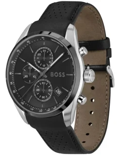 Boss Grand Prix 44 Leather Dial Watch in Black
