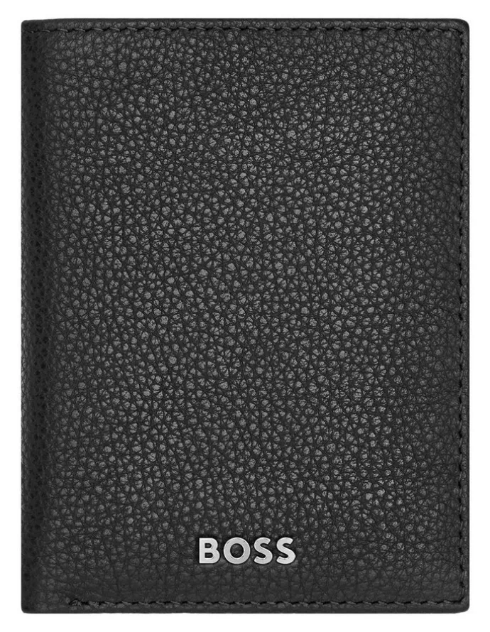 Boss Leather Card Holder Trifold Grained Wallet in Black