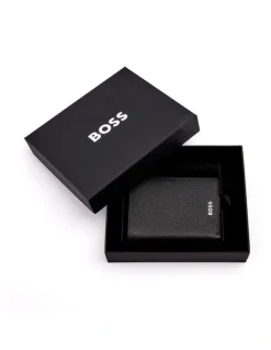 Boss Leather Card Holder Trifold Grained Wallet in Black
