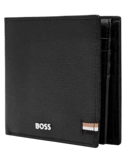 Boss Leather Trifold Wallet With Flap in Iconic Black