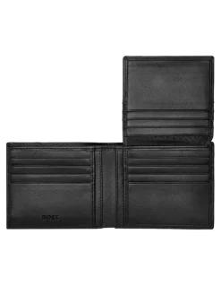 Boss Leather Trifold Wallet With Flap in Iconic Black