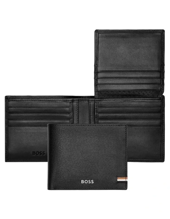 Boss Leather Trifold Wallet With Flap in Iconic Black