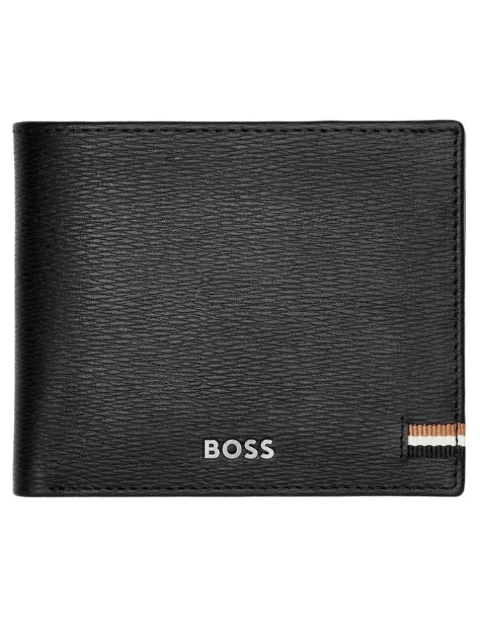 Boss Leather Trifold Wallet With Flap in Iconic Black