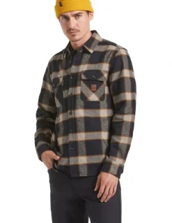 BRIXTON Bowery Heavy Weight Long Sleeve Shirt in Flanne Black/Cream