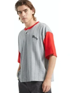 BRIXTON Boxy Baseball 1/2 Sleeve Tee in Heather Grey/Adrenaline Rush