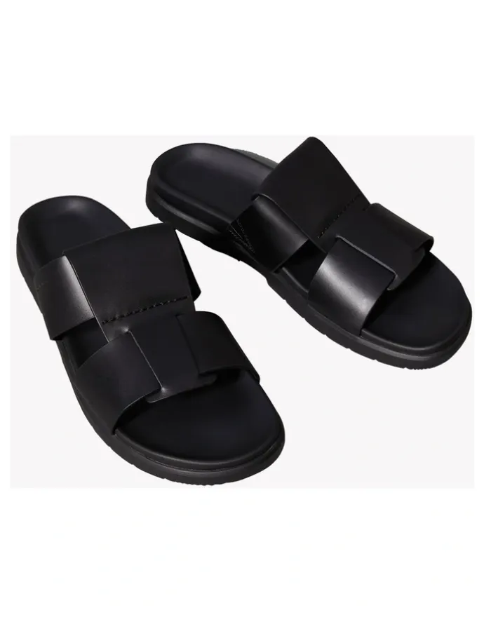Calvin Klein Double T Leather Sandal in Black