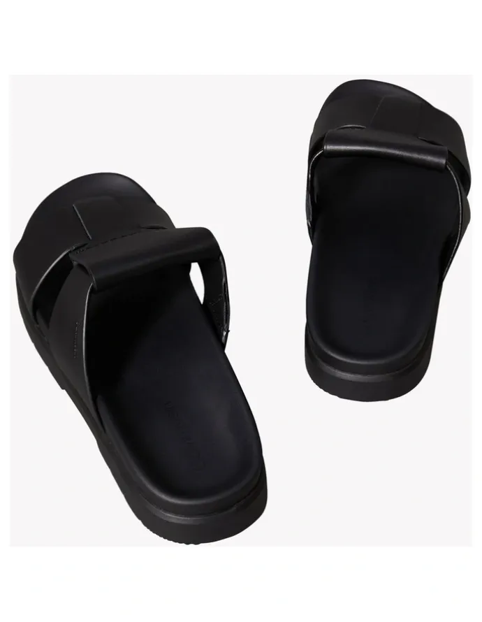 Calvin Klein Double T Leather Sandal in Black