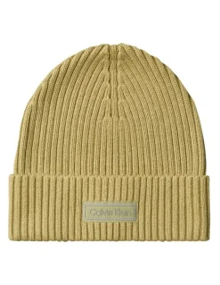Calvin Klein Patch Chunky Rib Cotton Beanie in Hat Cedar