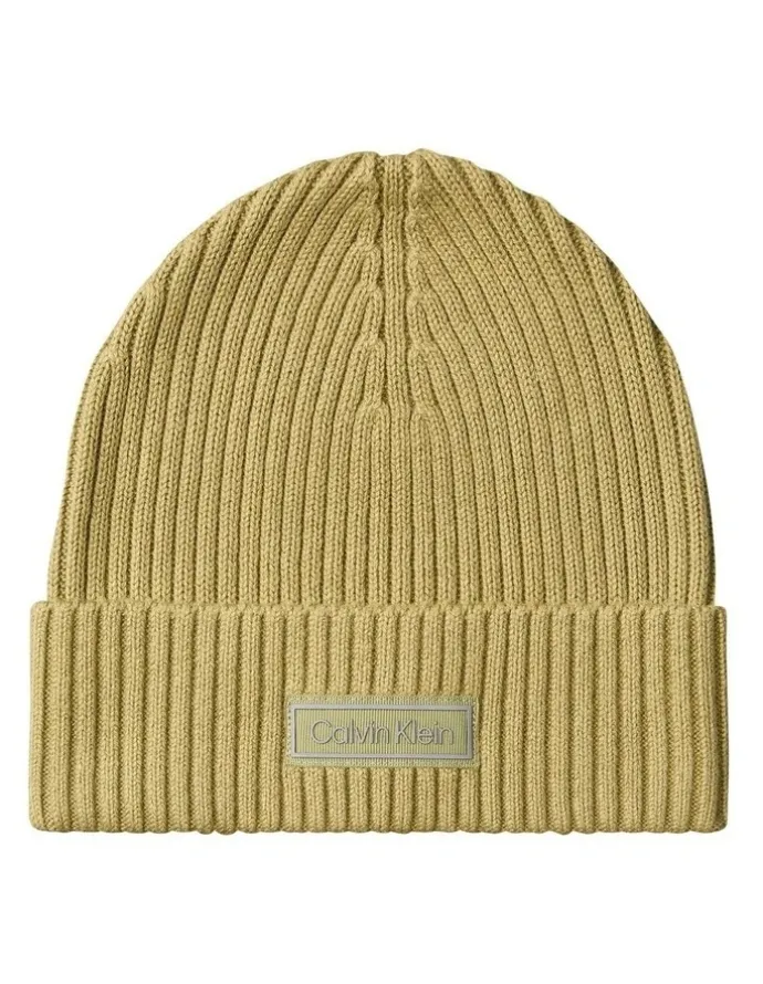 Calvin Klein Patch Chunky Rib Cotton Beanie in Hat Cedar