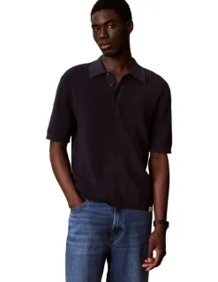 Calvin Klein Cotton Waffle Short Sleeve Polo Shirt in Dark Sapphire