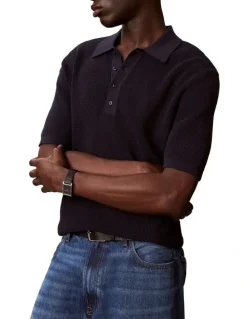 Calvin Klein Cotton Waffle Short Sleeve Polo Shirt in Dark Sapphire