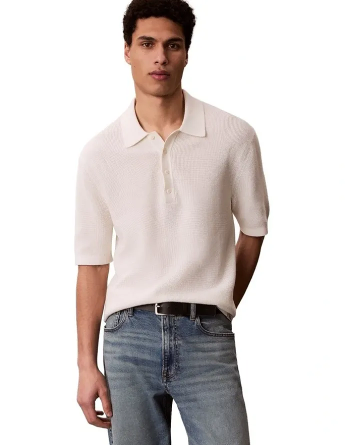 Calvin Klein Cotton Waffle Short Sleeve Polo Shirt in Cream