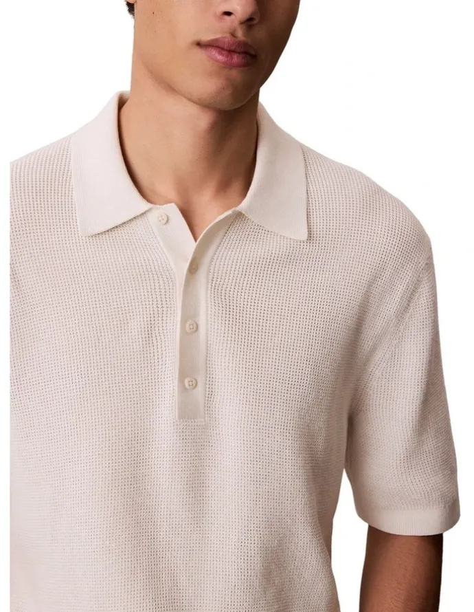 Calvin Klein Cotton Waffle Short Sleeve Polo Shirt in Cream