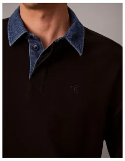 Calvin Klein Jeans Long Sleeve Relaxed Casual Pique Denim Collar Rugby