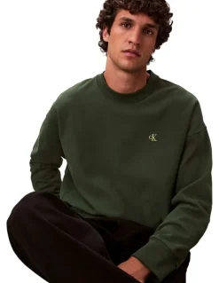 Calvin Klein Jeans Premium Terry Monogram Crew Neck Sweatshirt in Green