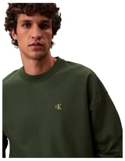 Calvin Klein Jeans Premium Terry Monogram Crew Neck Sweatshirt in Green