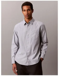 Calvin Klein Striped Washed Poplin Long Sleeve Shirt in Blue Nomad