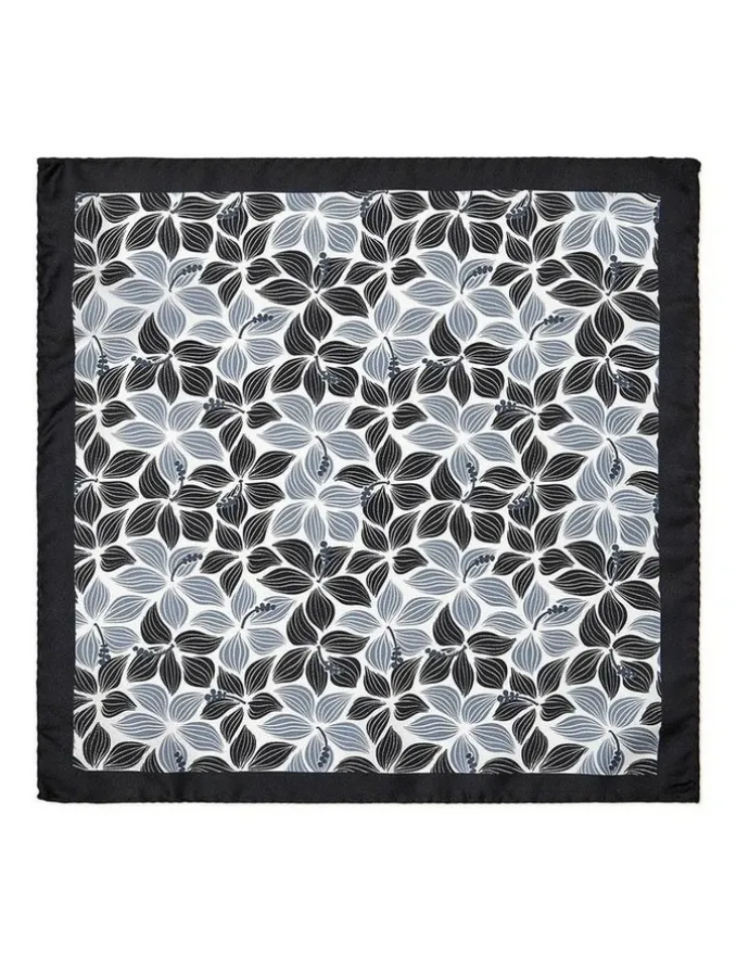 Cambridge Hibiscus Silk Pocket Square in Black & White
