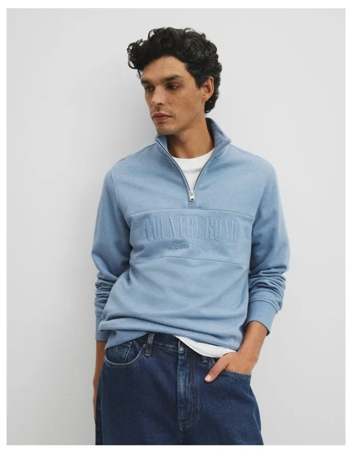Country Road Australian Cotton Half Zip Heritage Sweat in Steel Marle