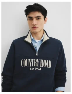 Country Road Australian Cotton Half Zip Heritage Sweat in Dark Navy Multi