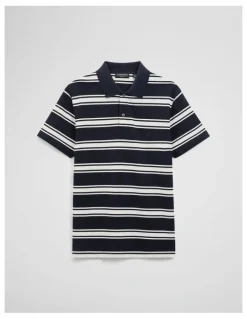 Country Road Australian Cotton Stripe Pique Polo in Navy Stripe