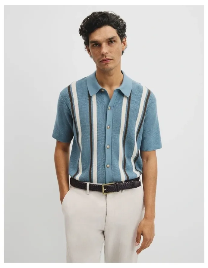 Country Road Australian Good Earth Cotton Textured Stripe Knit Shirt in Steel