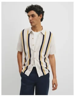 Country Road Australian Good Earth Cotton Textured Stripe Knit Shirt in White Multi