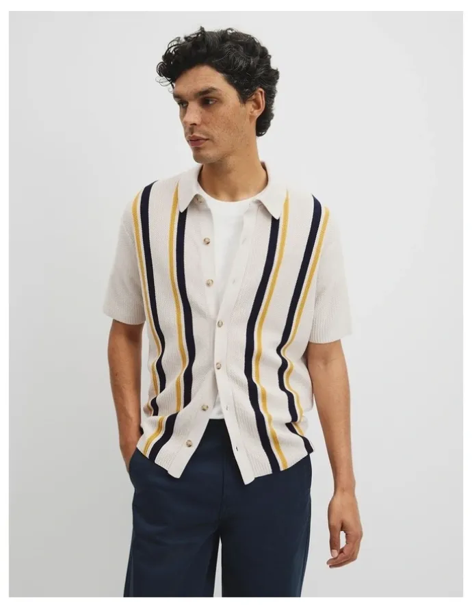Country Road Australian Good Earth Cotton Textured Stripe Knit Shirt in White Multi