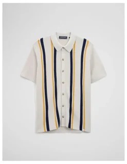 Country Road Australian Good Earth Cotton Textured Stripe Knit Shirt in White Multi