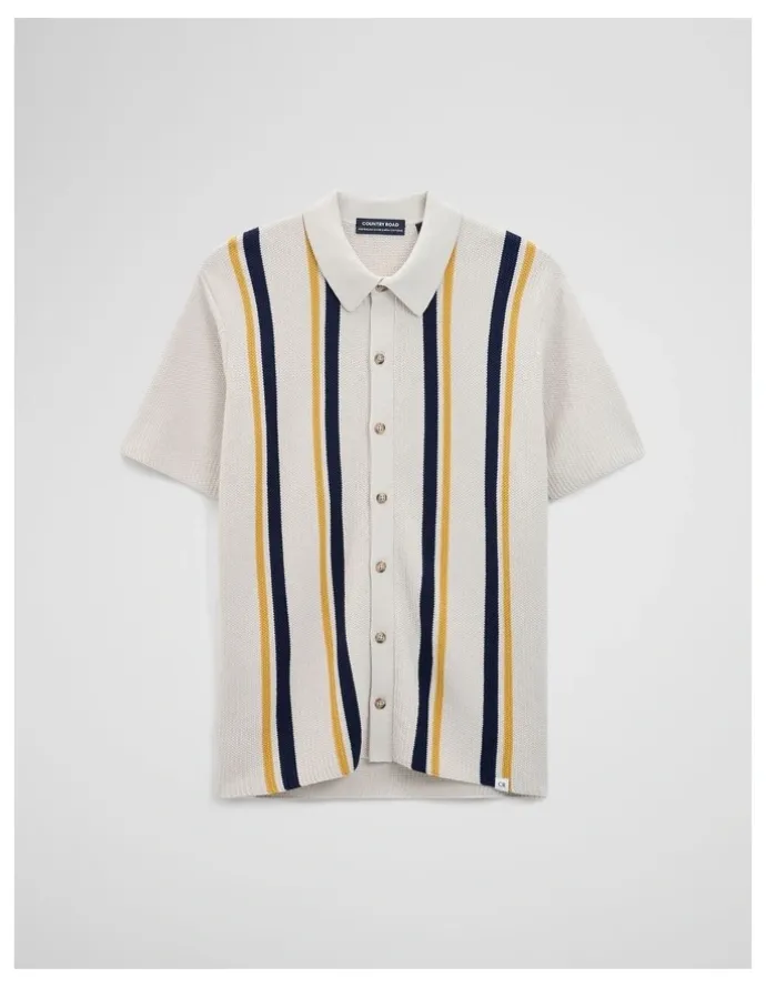 Country Road Australian Good Earth Cotton Textured Stripe Knit Shirt in White Multi