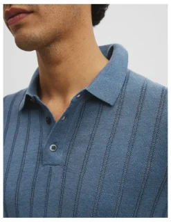 Country Road Linen Cotton Stripe Knit Polo in Steel
