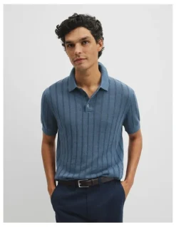 Country Road Linen Cotton Stripe Knit Polo in Steel