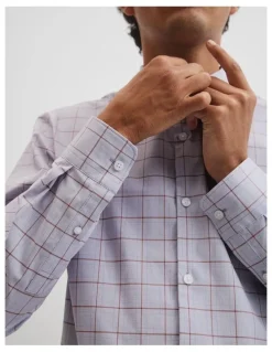 Country Road Long Sleeve Slim Cut & Sew Prince Of Wales Check Shirt in Grey Blue
