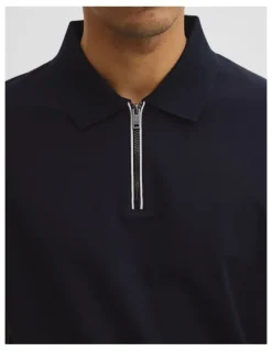 Country Road Merculalised Cotton Pique Zip Polo in Navy
