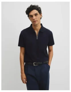Country Road Merculalised Cotton Pique Zip Polo in Navy
