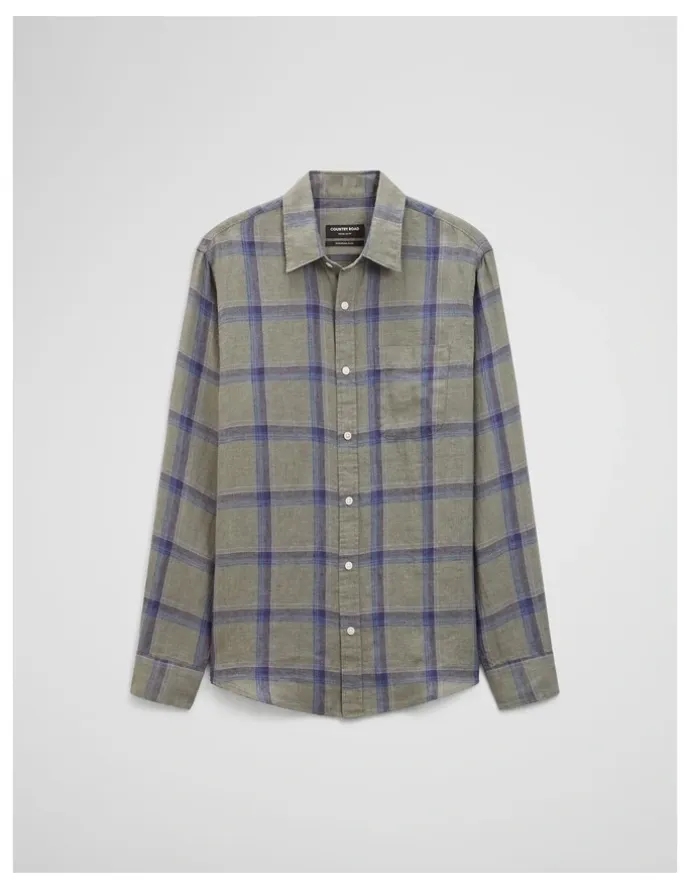 Country Road Regular Fit Linen Windowpane Check Shirt in Dried Sage