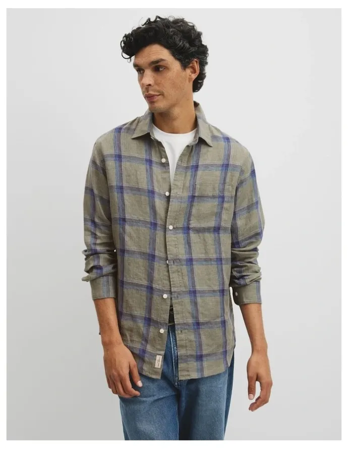 Country Road Regular Fit Linen Windowpane Check Shirt in Dried Sage
