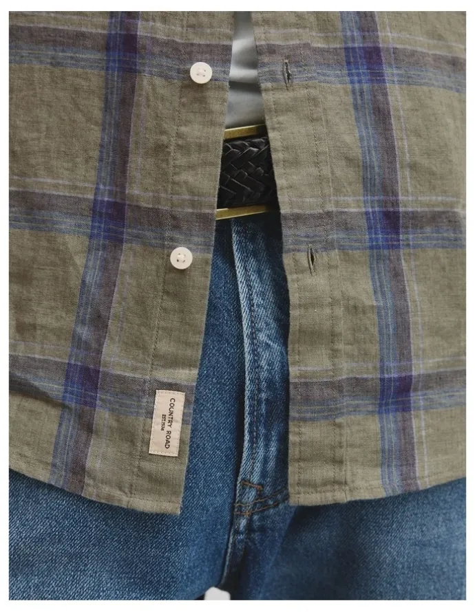 Country Road Regular Fit Linen Windowpane Check Shirt in Dried Sage