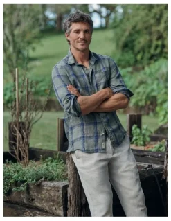 Country Road Regular Fit Linen Windowpane Check Shirt in Dried Sage