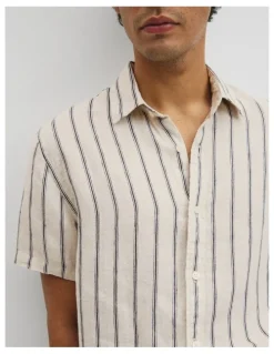 Country Road Short Sleeve Regular Fit Linen Stripe Shirt in Stone