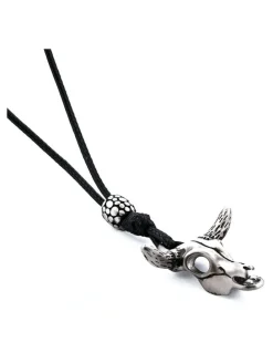Cudworth Antique Stainless Steel Cow Skull And Adjustable Wax Leather Pendant in Silver